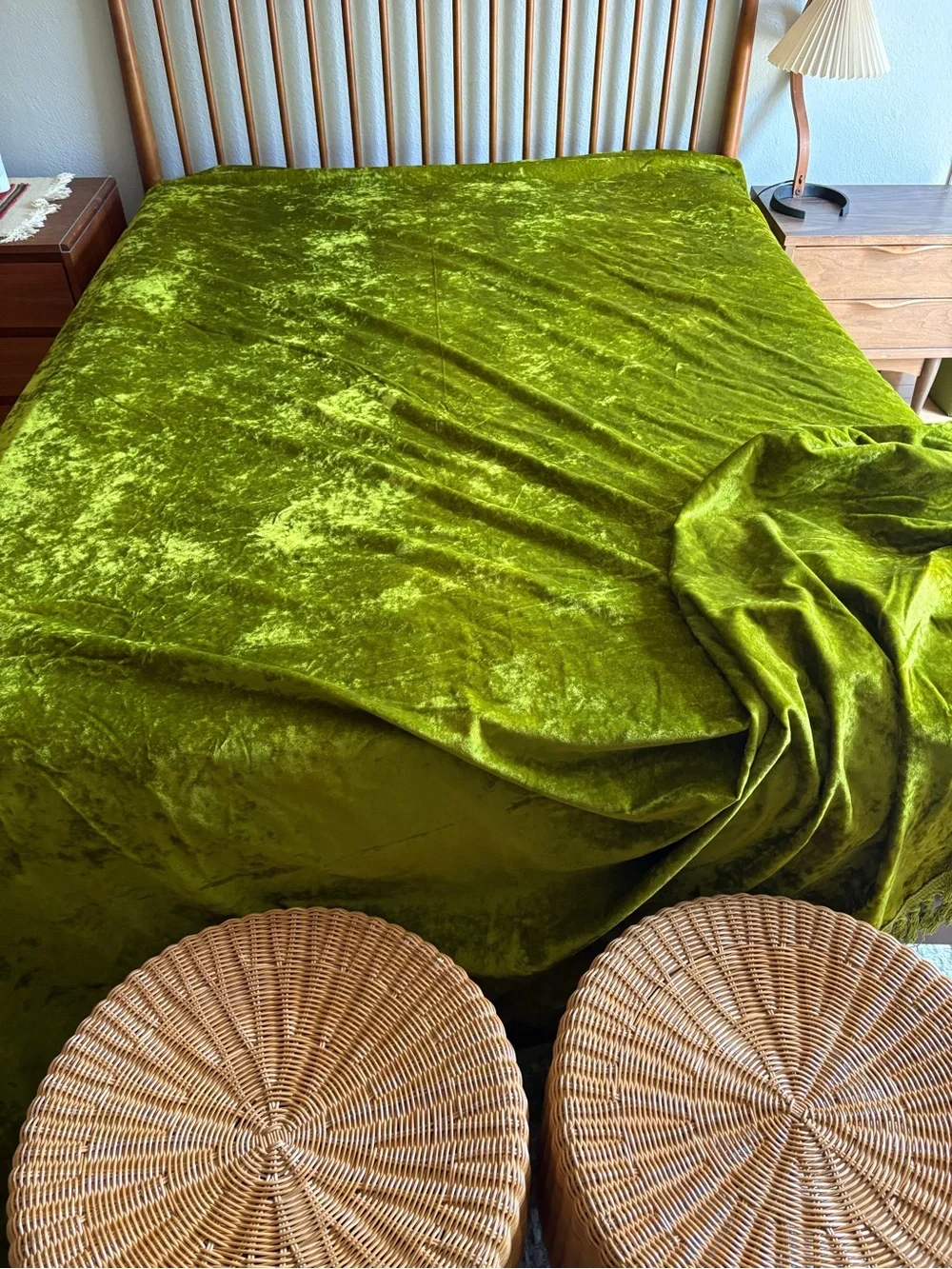 Vintage MCM Bedspread Plush Velvet Bedspread in Olive Green with Fringe